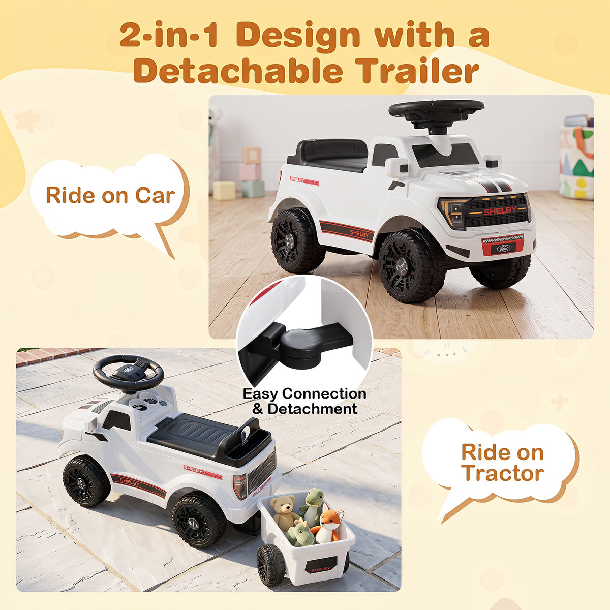 Licensed Ford Kids Ride On Push Car w/Detachable Trailer & Truck Engine Toy