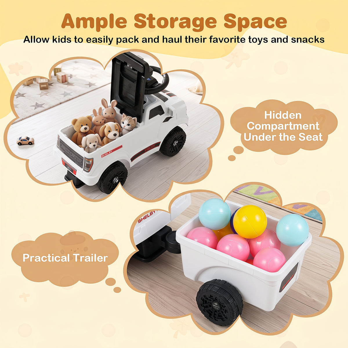 Licensed Ford Kids Ride On Push Car w/Detachable Trailer & Truck Engine Toy