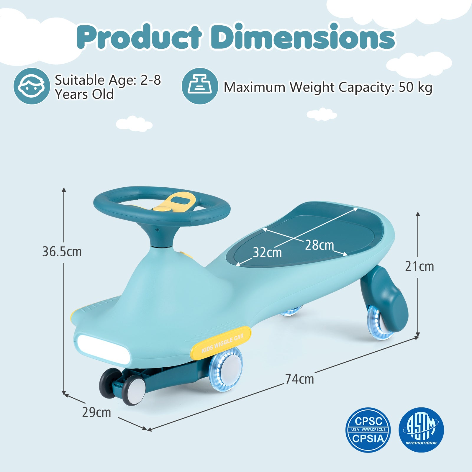 Wiggle Car for Kids w/ LED Flashing Wheels, Music, Horn, Twist Turn Ride On Toy for Indoor Outdoor Play