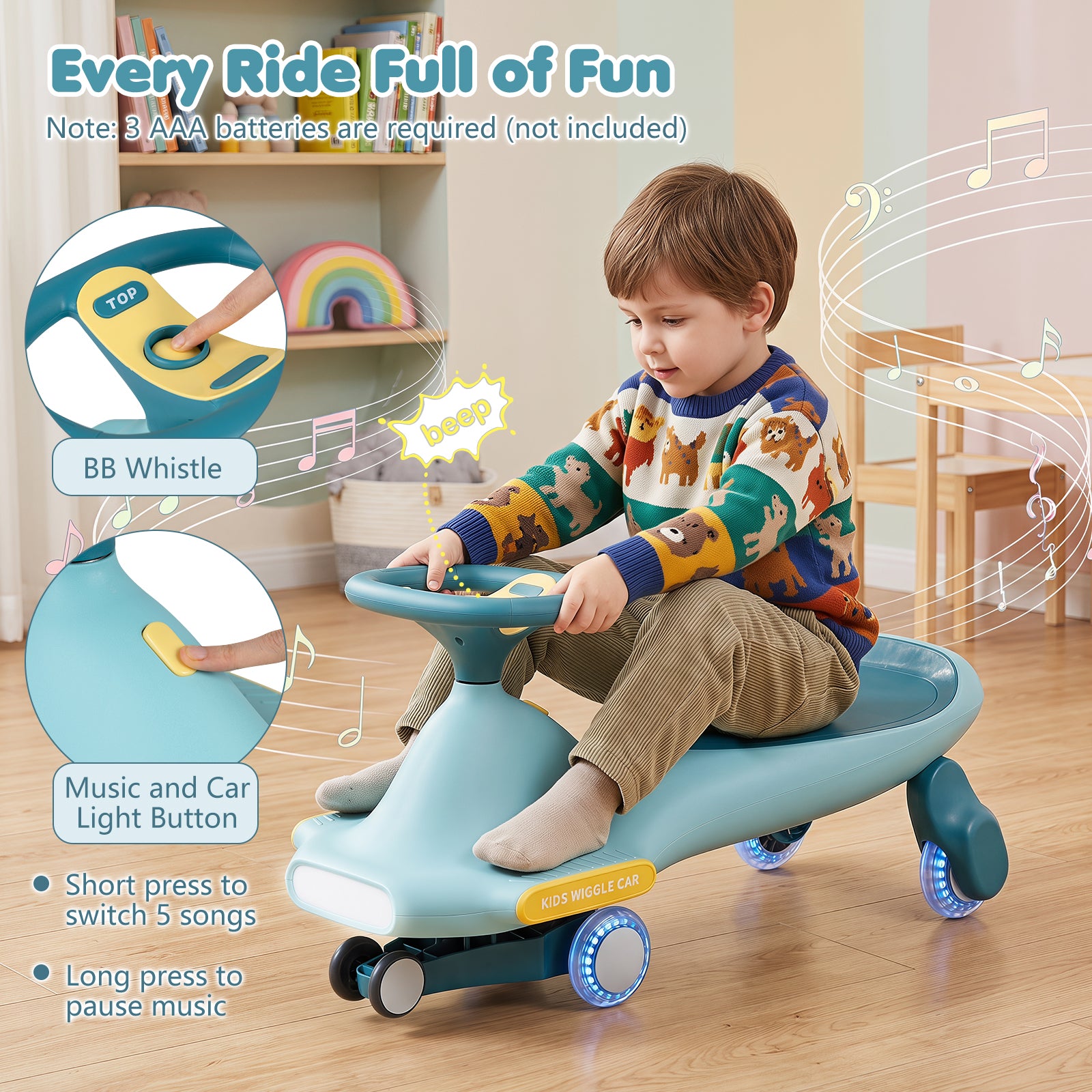 Wiggle Car for Kids w/ LED Flashing Wheels, Music, Horn, Twist Turn Ride On Toy for Indoor Outdoor Play