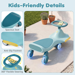 Wiggle Car for Kids w/ LED Flashing Wheels, Music, Horn, Twist Turn Ride On Toy for Indoor Outdoor Play