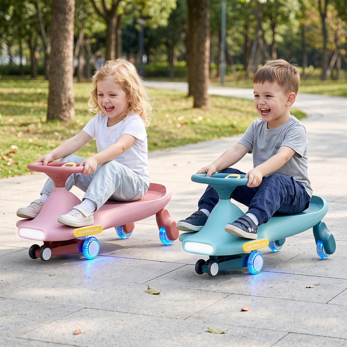 Wiggle Car for Kids w/ LED Flashing Wheels, Music, Horn, Twist Turn Ride On Toy for Indoor Outdoor Play