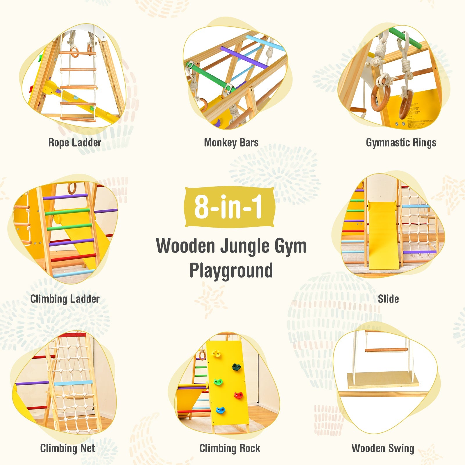 8-in-1 Jungle Gym Playset, Wooden Climber Play Set w/ Monkey Bars