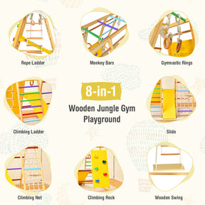 8-in-1 Jungle Gym Playset, Wooden Climber Play Set w/ Monkey Bars