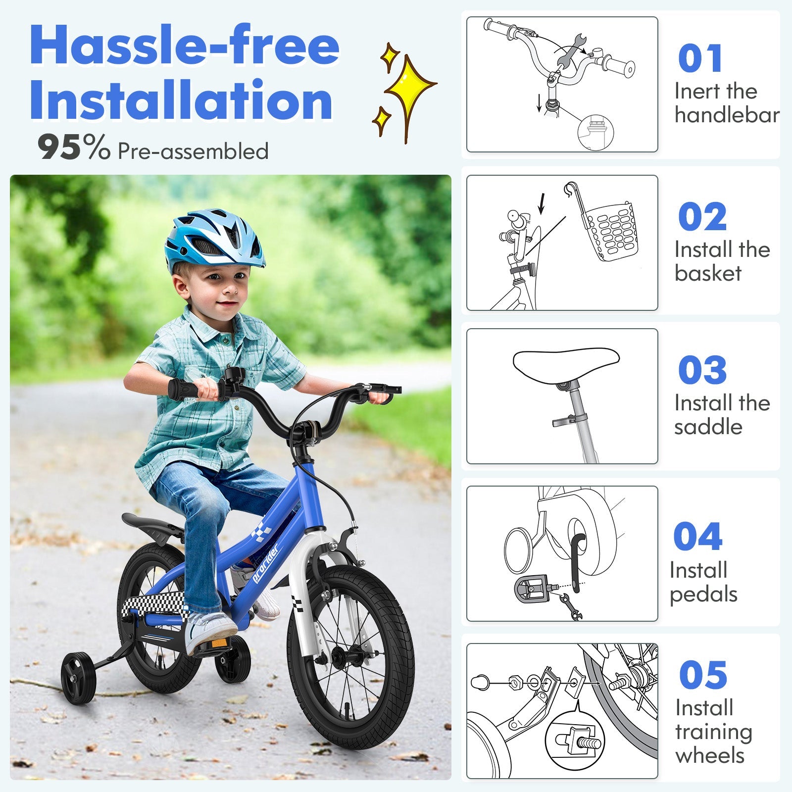 Kids Bike, 14 16 18 Inch Boys Girls Bike for 3-8 Years w/Training Wheels, Adjustable Handlebar & Seat, Removable Basket