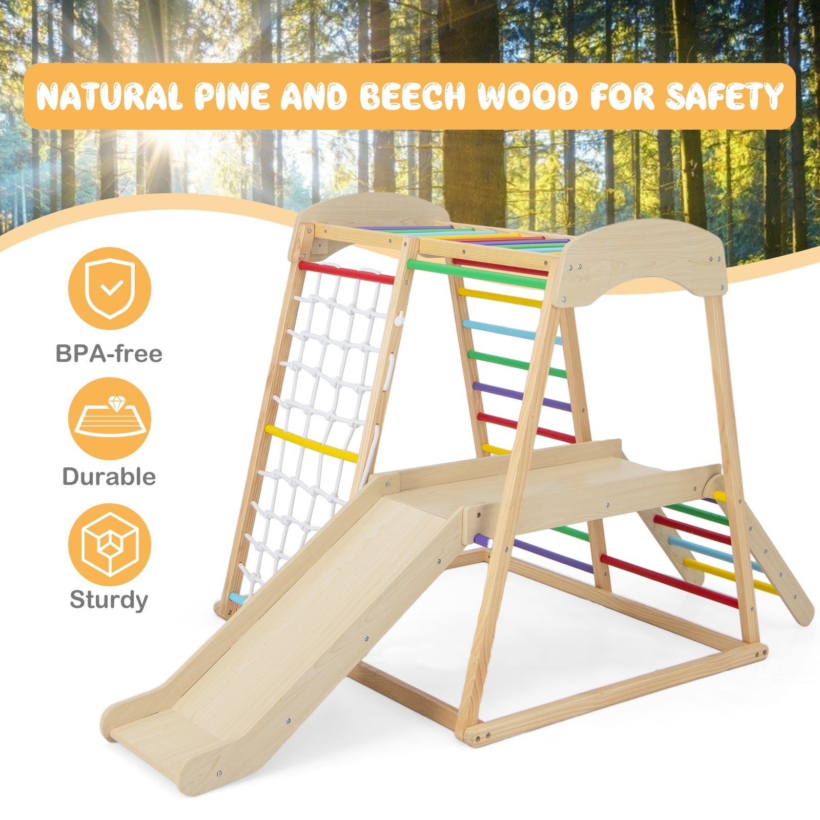 6-in-1 Indoor Jungle Gym, Kids Wooden Playground
