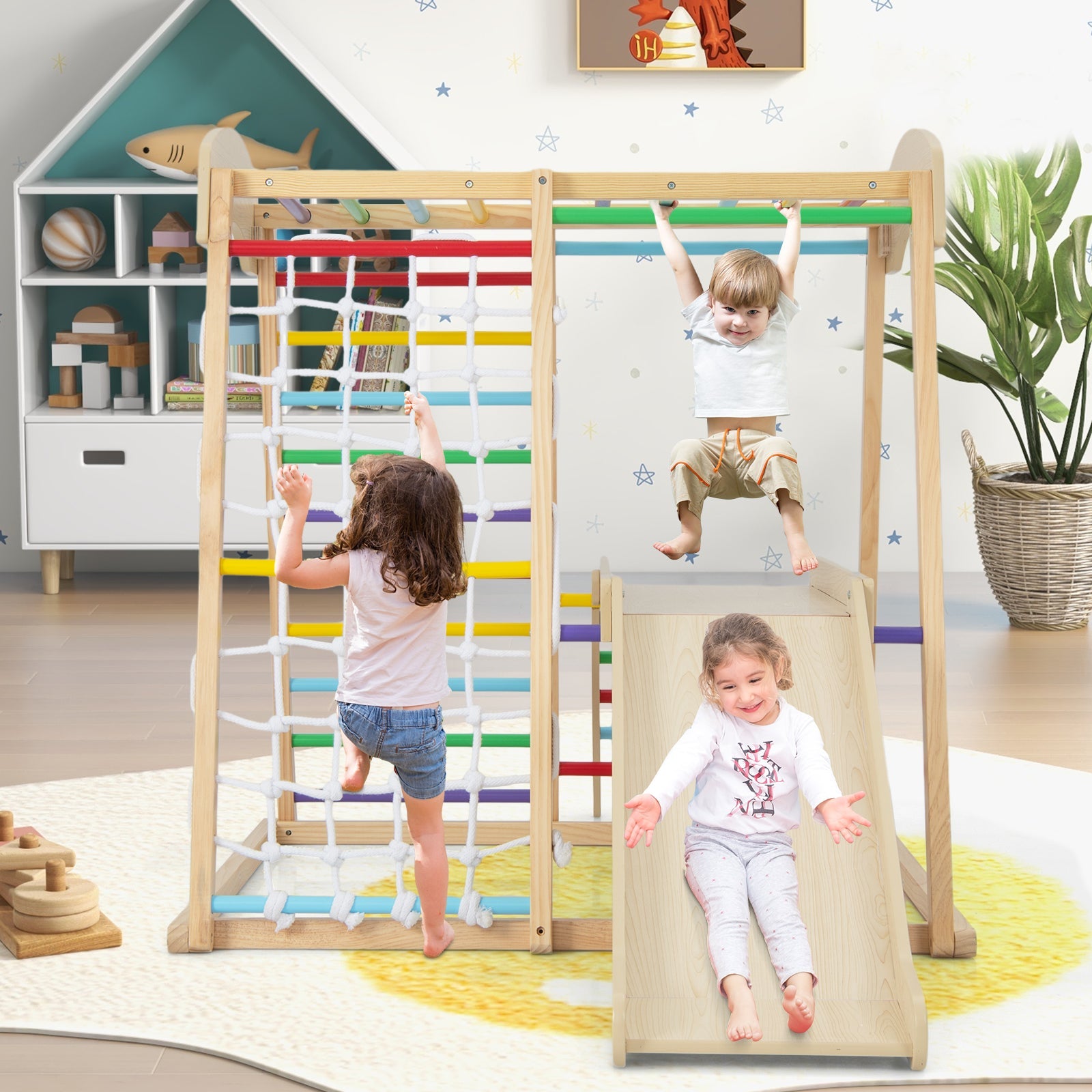 6-in-1 Indoor Jungle Gym, Kids Wooden Playground