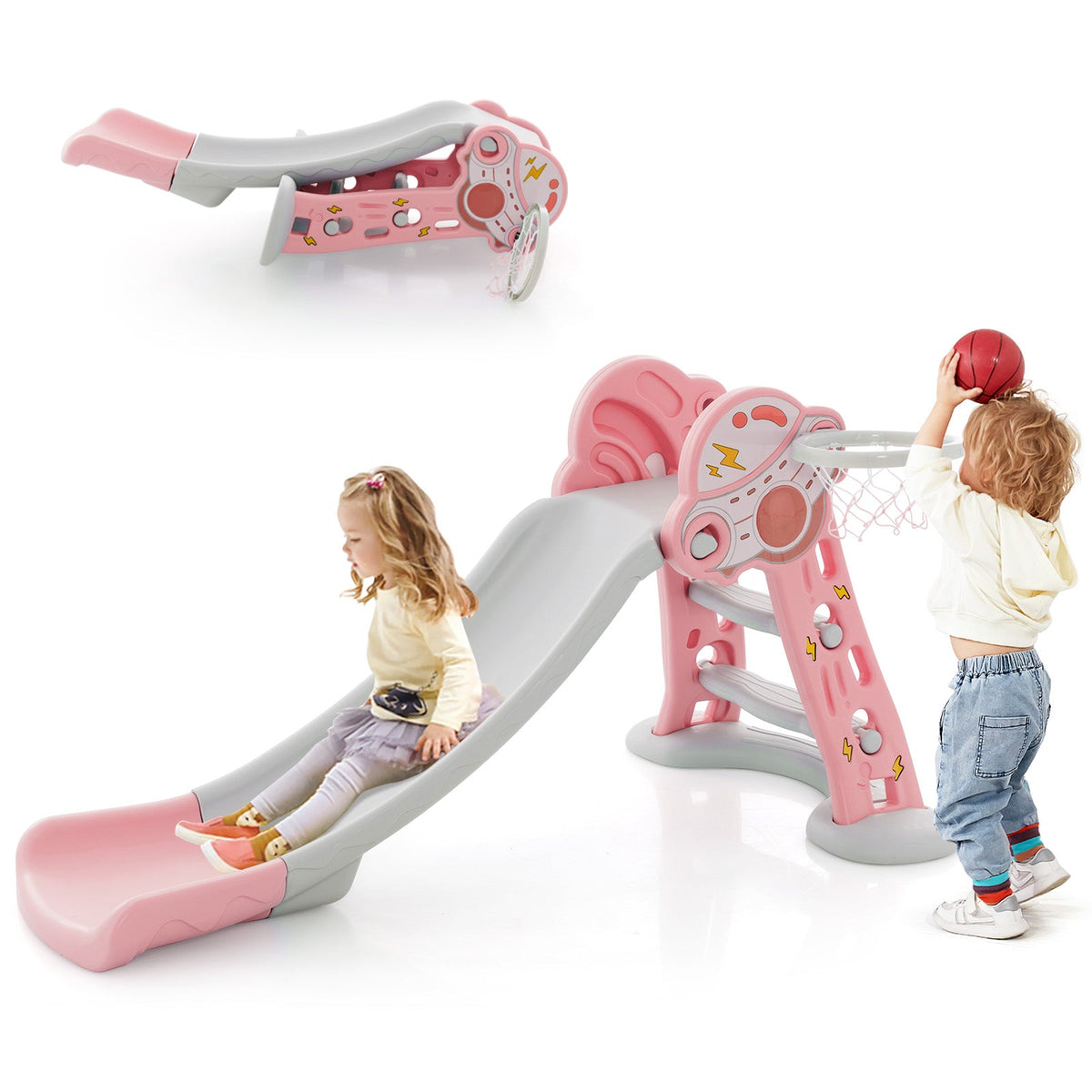 HONEY JOY 3-in-1 Indoor Slide for Kids, Folding Slide Playset with Basketball Hoop & Small Basketball
