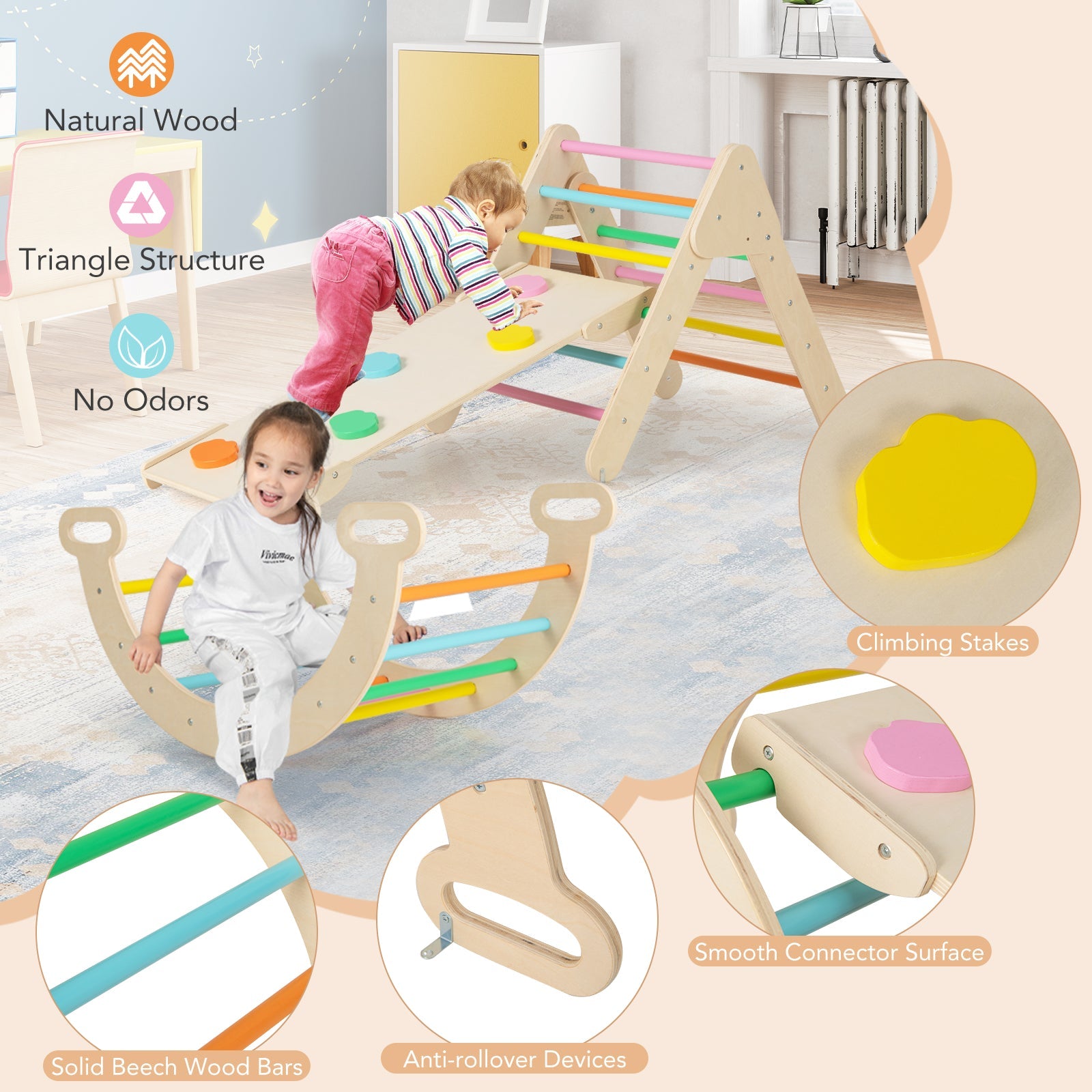 7-in-1 Triangular Set of 3, Baby Climbing Toys w/ Triangular Climber Arch Ramp Rocker