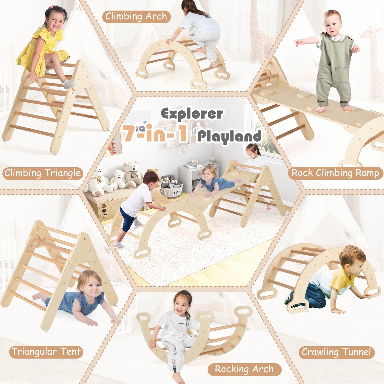 Kids Triangle Climbing Toys Set, 5 in 1 Toddler Wooden Climbing Gym Arch Rocking Playset