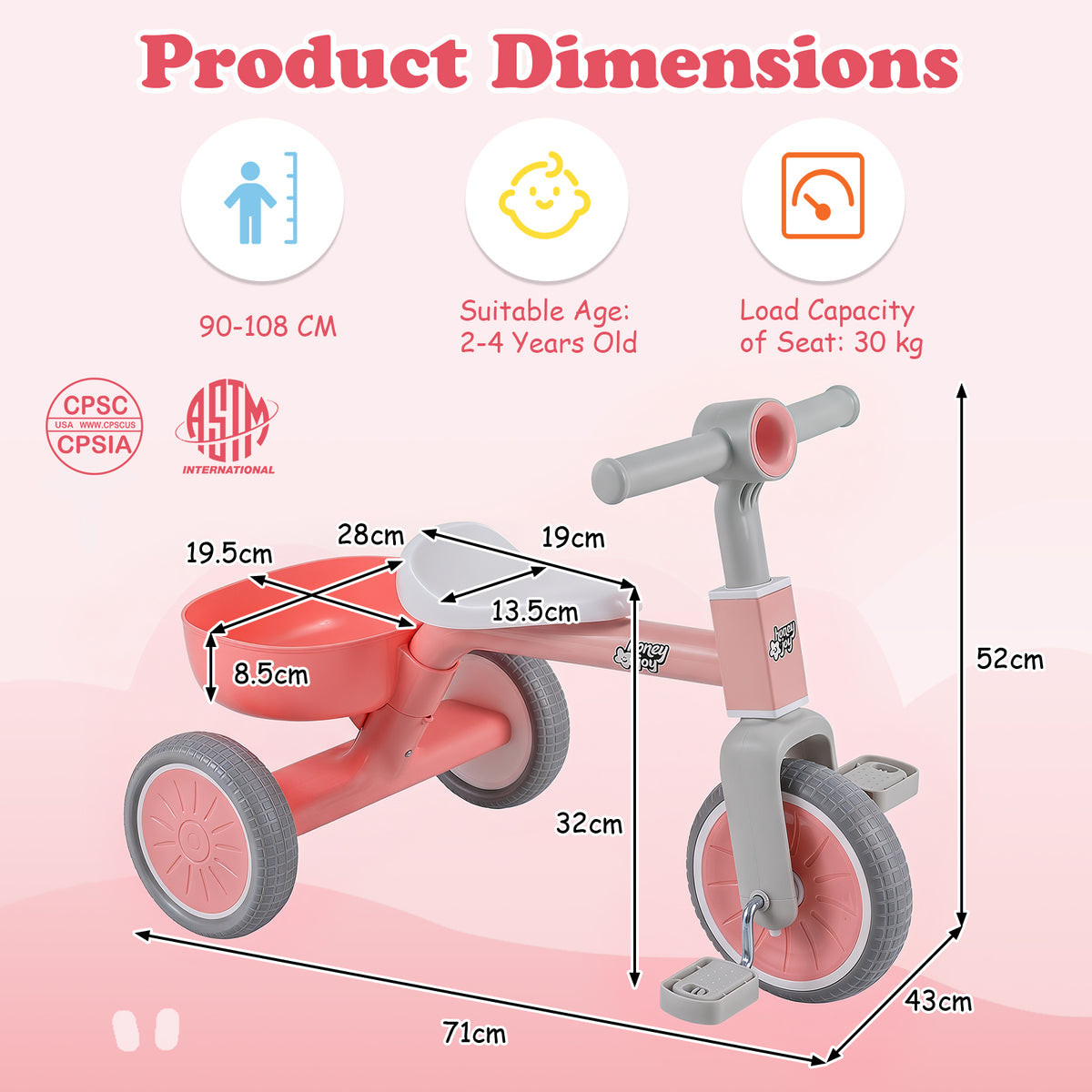 Convertible Kids Tricycle, Toddler Trike with 86° Limited Steering Angle, Carbon Steel Frame