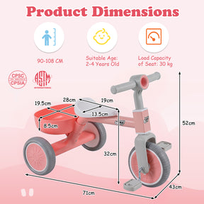 Convertible Kids Tricycle, Toddler Trike with 86° Limited Steering Angle, Carbon Steel Frame