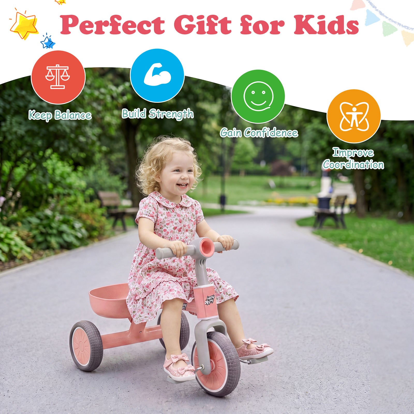 Convertible Kids Tricycle, Toddler Trike with 86° Limited Steering Angle, Carbon Steel Frame