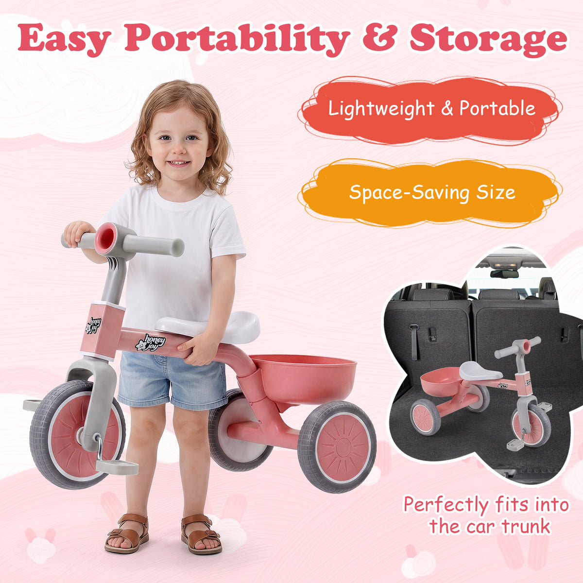 Convertible Kids Tricycle, Toddler Trike with 86° Limited Steering Angle, Carbon Steel Frame