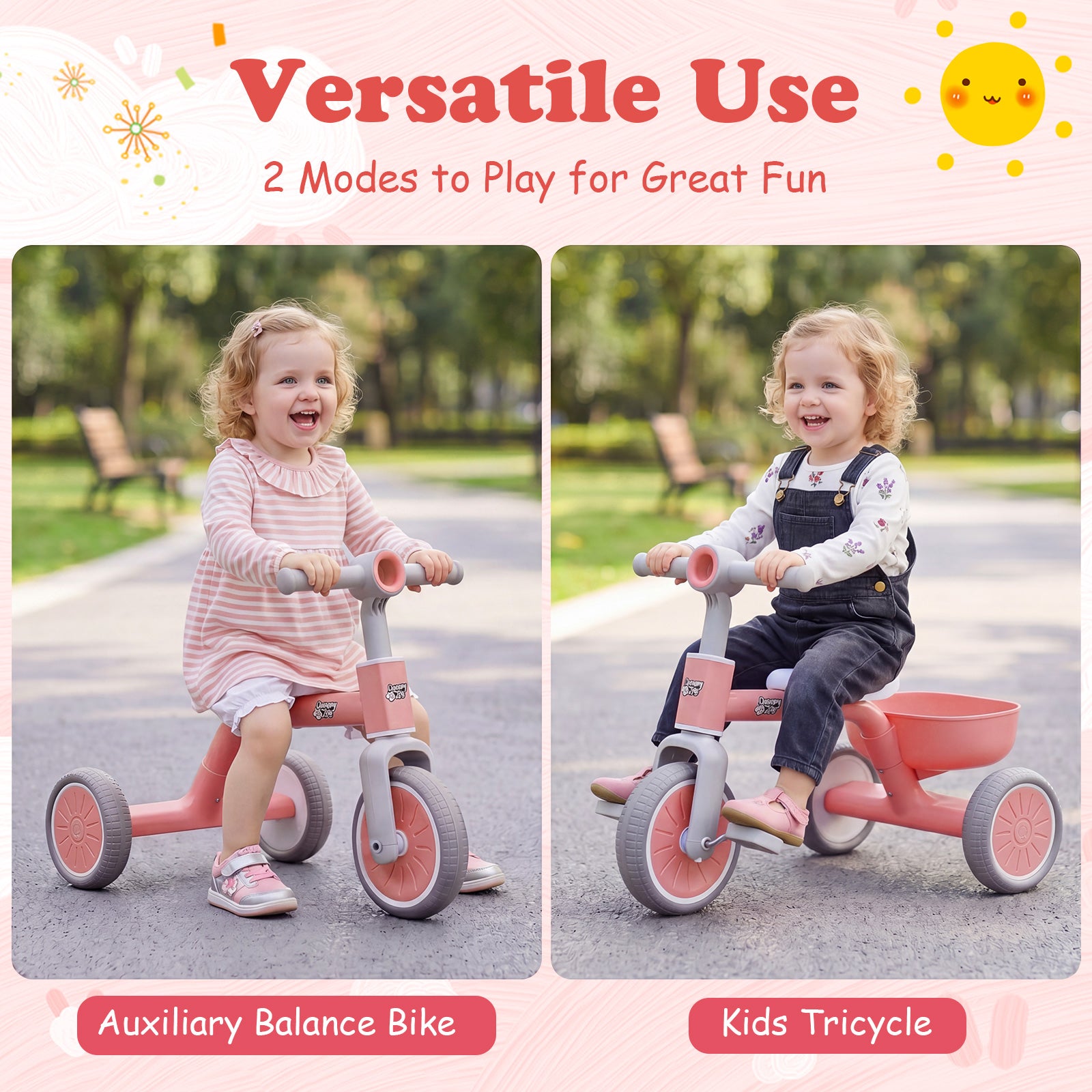 Convertible Kids Tricycle, Toddler Trike with 86° Limited Steering Angle, Carbon Steel Frame