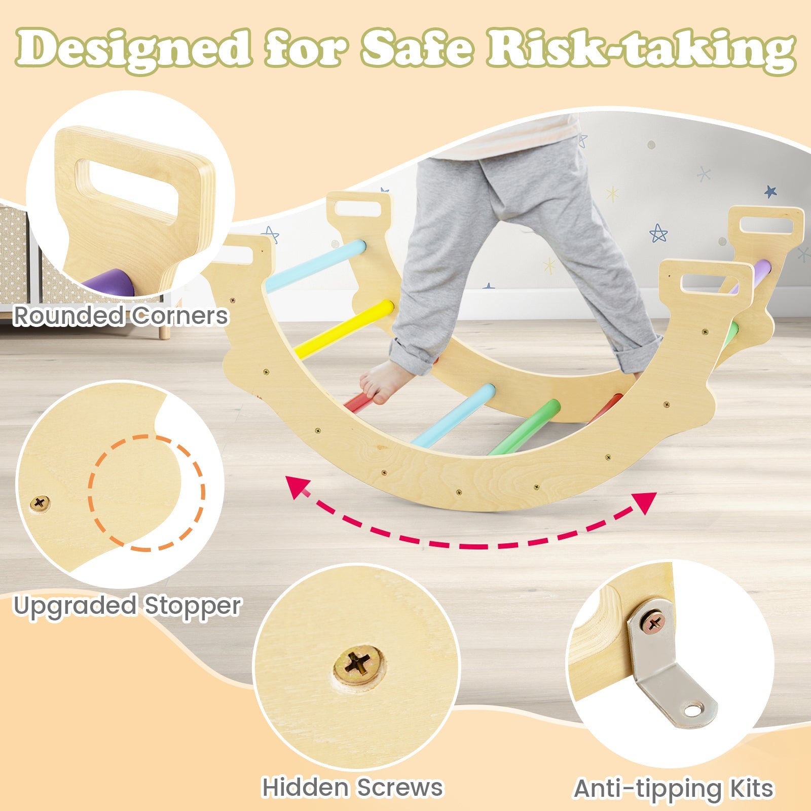 HONEY JOY Kids Climber Arch Rocker with Cushion, 4-In-1 Convertible Wooden Arch Climbing Ladder