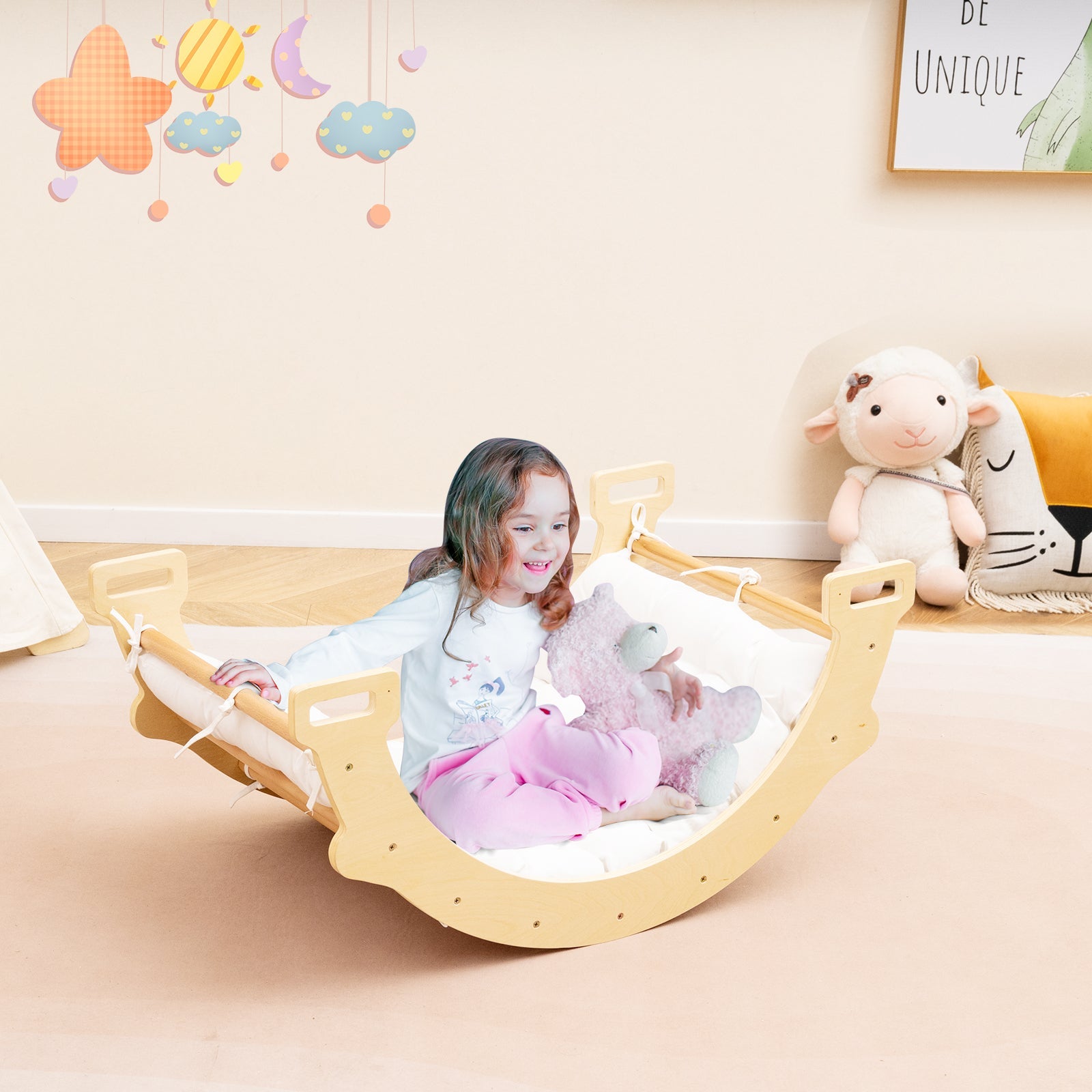 Kids Climber Arch Rocker with Cushion, 4-In-1 Convertible Wooden Arch Climbing Ladder