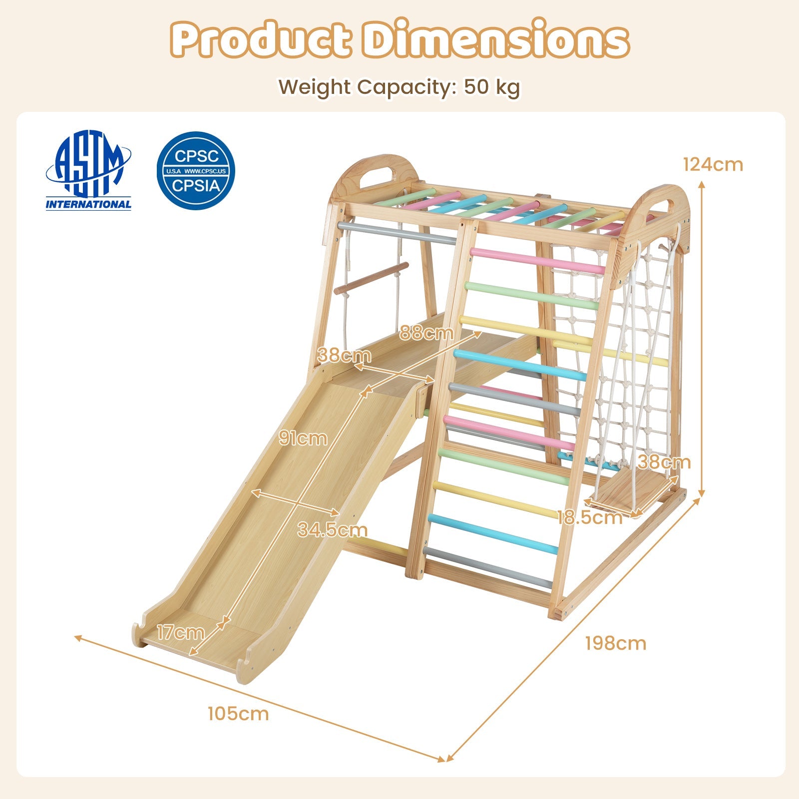 8-in-1 Jungle Gym, Wooden Montessori Climber Playset with Slide