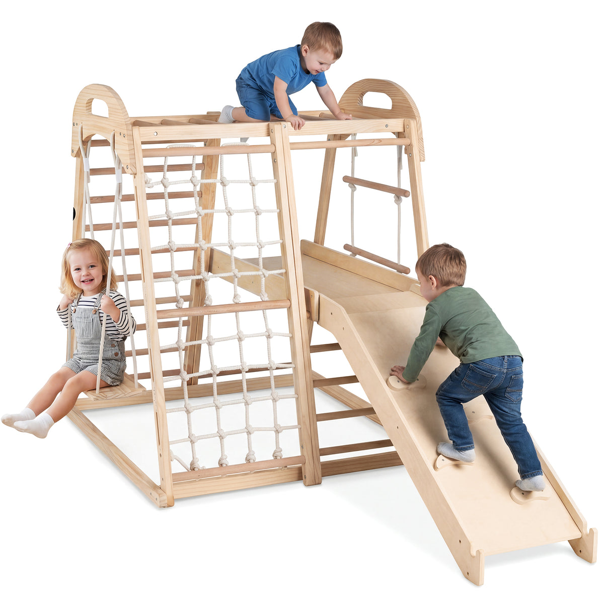 Hikidspace 8-in-1 Jungle Gym, Wooden Montessori Climber Playset with Slide