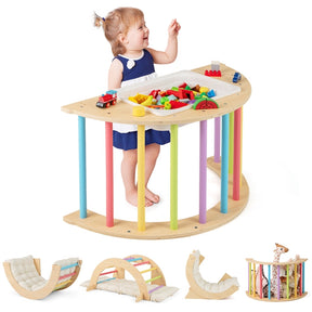 6 in 1 Kids Climbing Arch Playset, Indoor Wooden Climbing Toy Rocker Chair w/Removable Cushion & Stoppers