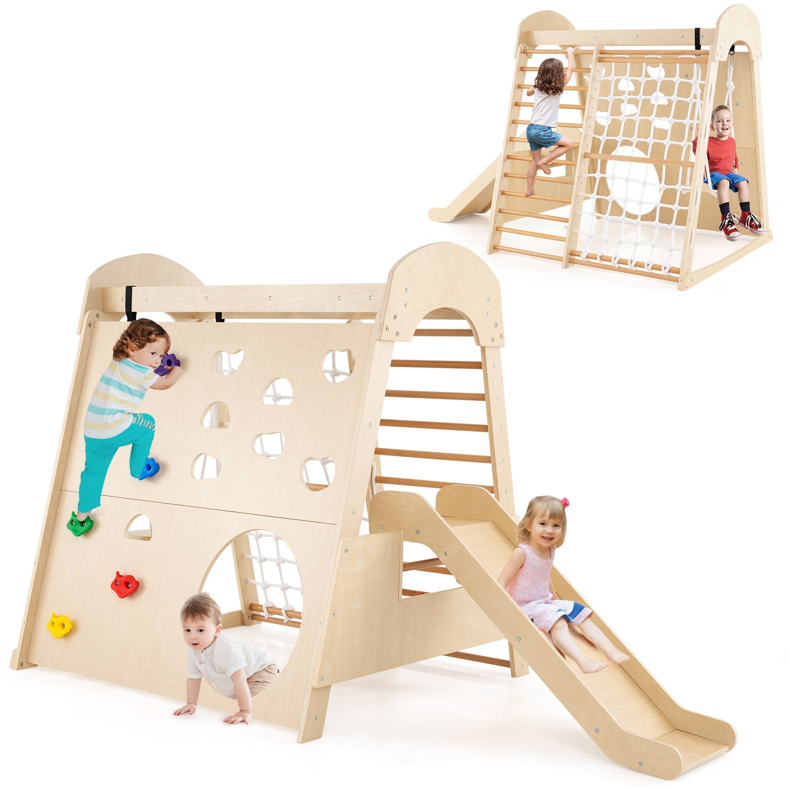 8-in-1 Indoor Jungle Gym, Wooden Playground with Climbing Wall