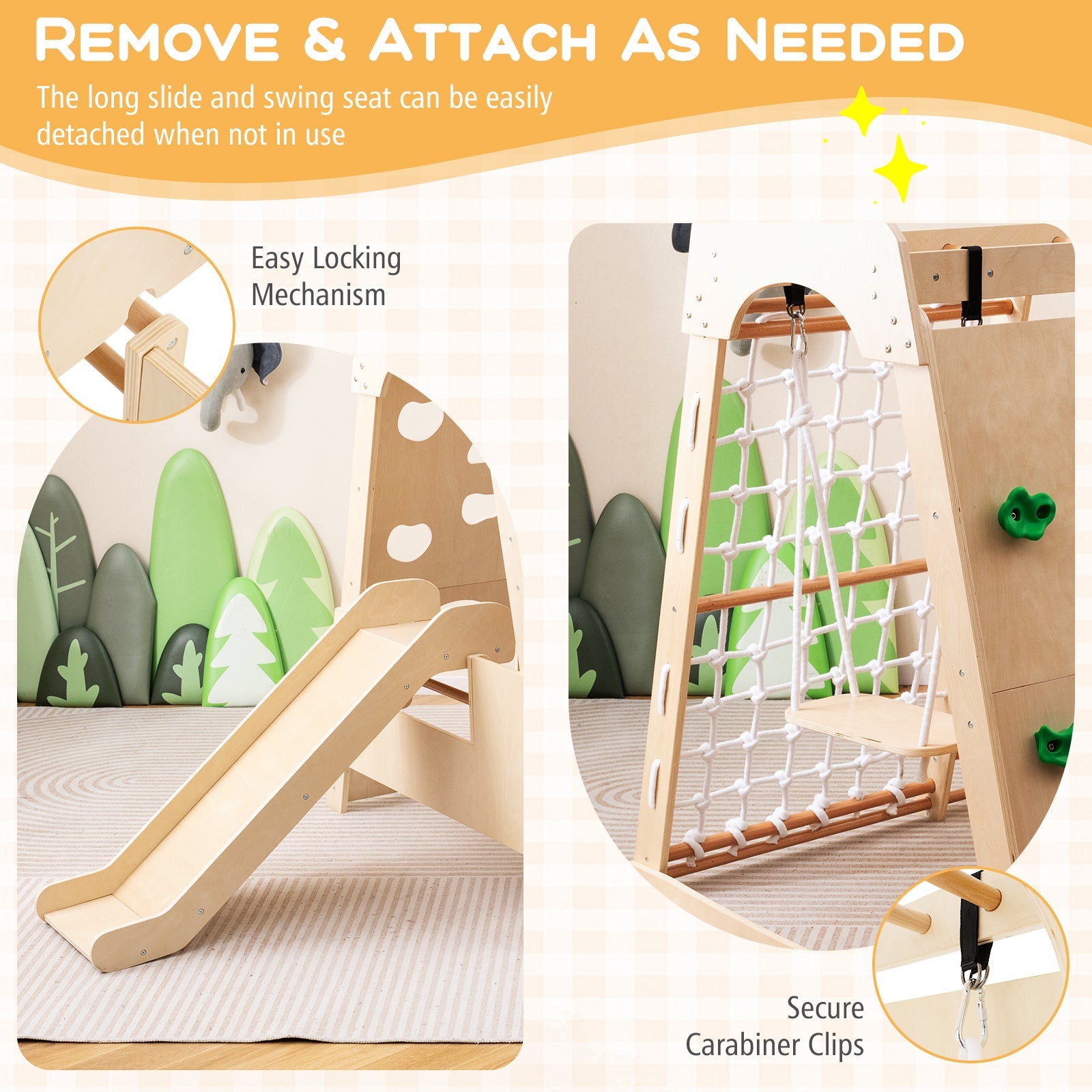 8-in-1 Indoor Jungle Gym, Wooden Playground with Climbing Wall