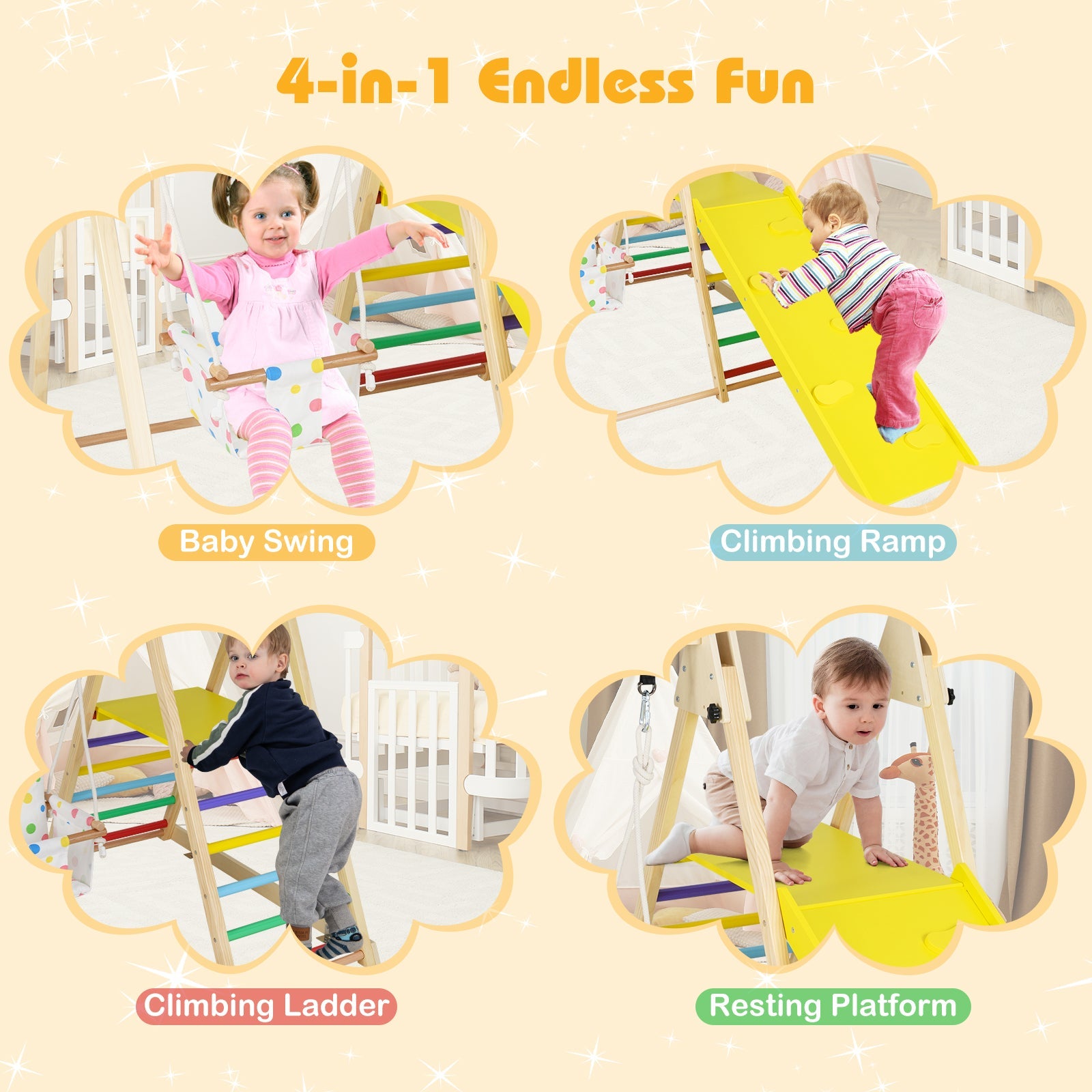 4-in-1 Indoor Jungle Gym, Indoor Playground with Baby Swing