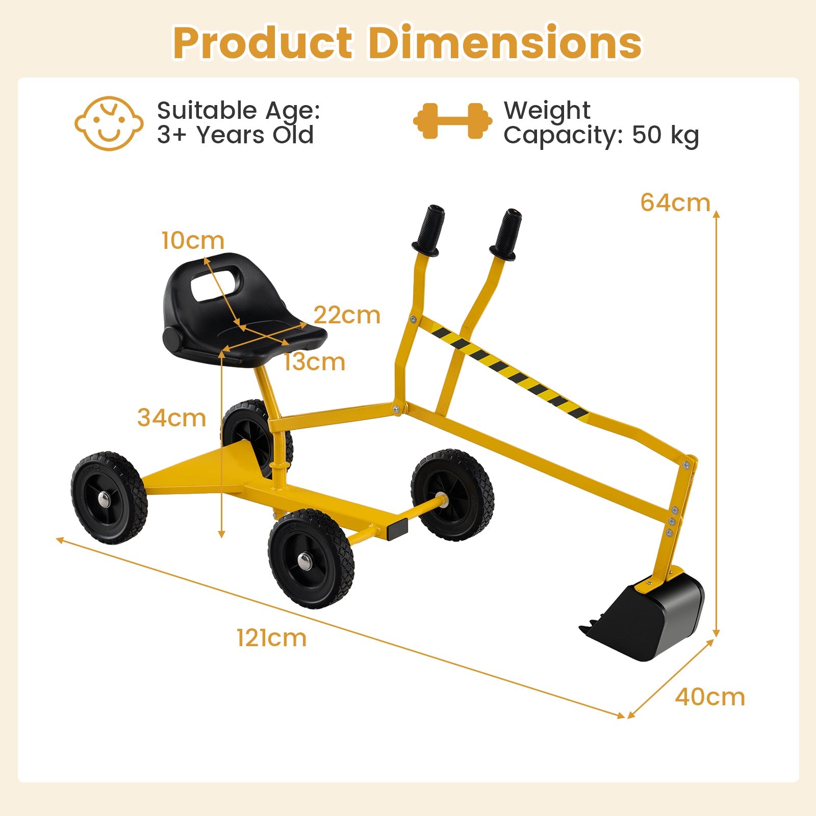 Sandbox Toy Digger w/ 2-Handed Controls & Flexible Shovel, 360° Rotatable Function & Ergonomic Backrest