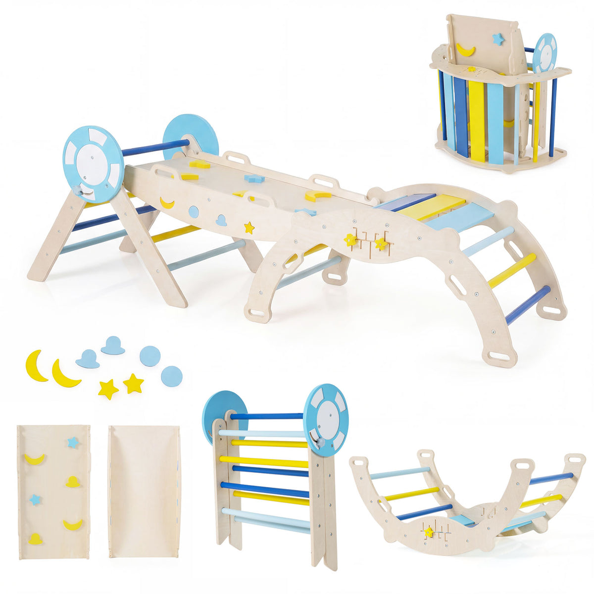 8-in-1 Colorful Montessori Climber Set, Toddler Nautical Themed Climbing Set with Ramp