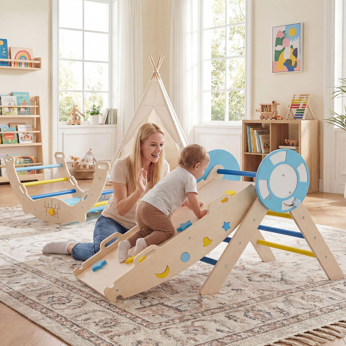 8-in-1 Colorful Montessori Climber Set, Toddler Nautical Themed Climbing Set with Ramp