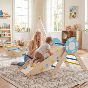 8-in-1 Colorful Montessori Climber Set, Toddler Nautical Themed Climbing Set with Ramp