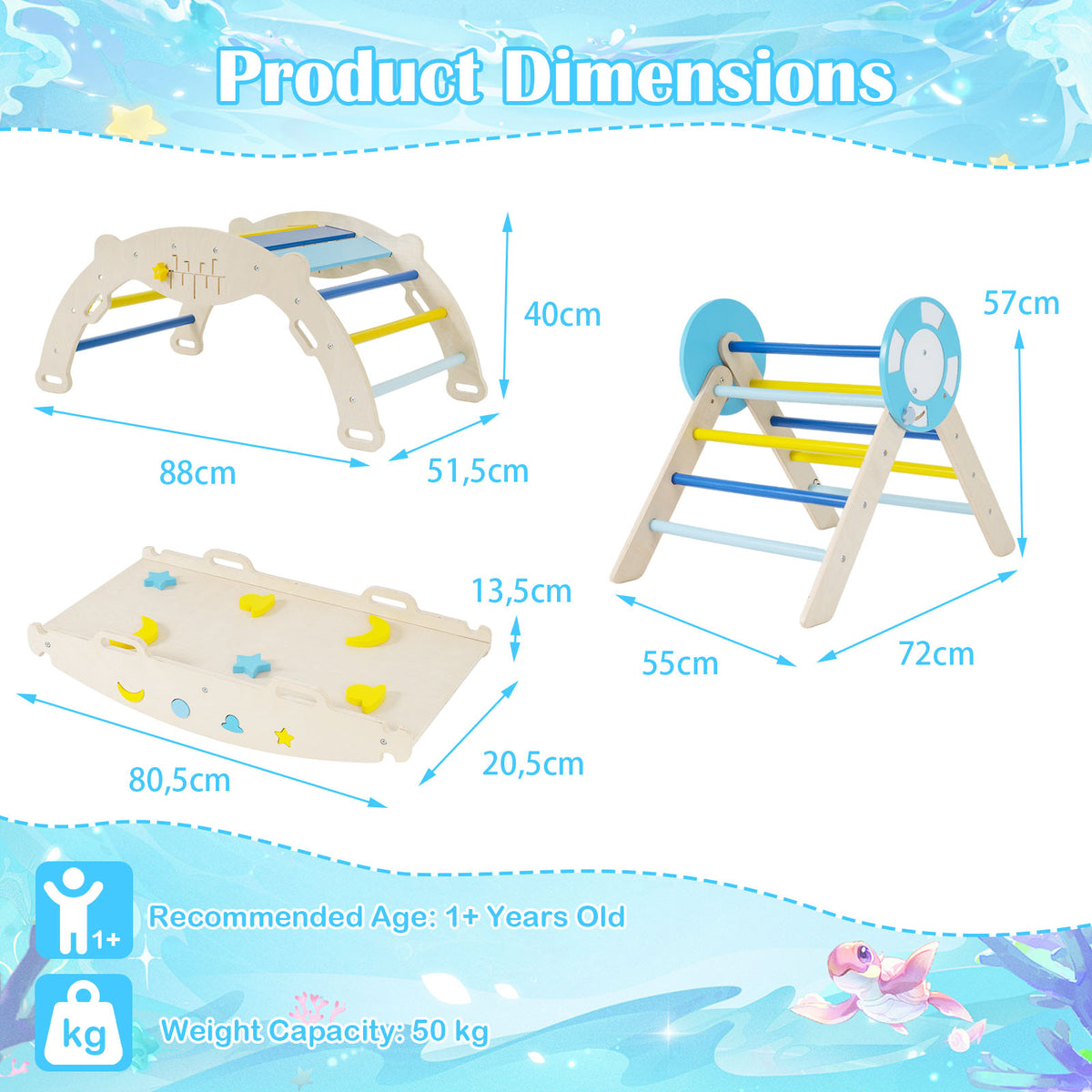 8-in-1 Colorful Montessori Climber Set, Toddler Nautical Themed Climbing Set with Ramp
