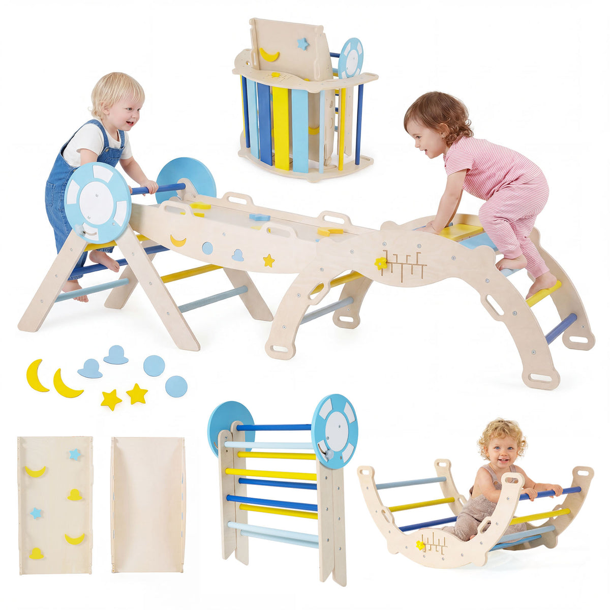 8-in-1 Colorful Montessori Climber Set, Toddler Nautical Themed Climbing Set with Ramp