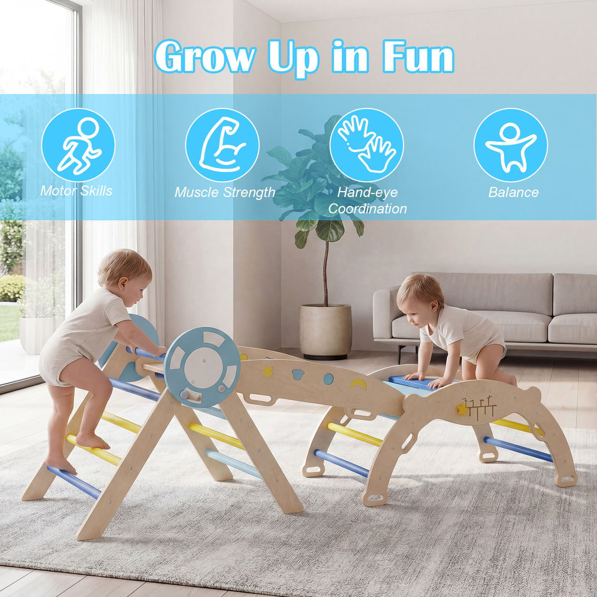 8-in-1 Colorful Montessori Climber Set, Toddler Nautical Themed Climbing Set with Ramp