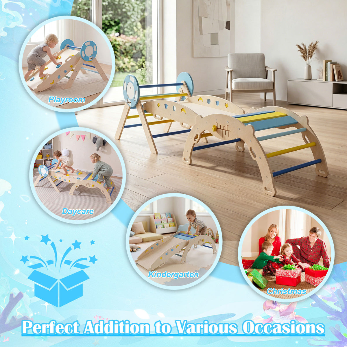8-in-1 Colorful Montessori Climber Set, Toddler Nautical Themed Climbing Set with Ramp