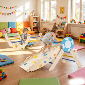 8-in-1 Colorful Montessori Climber Set, Toddler Nautical Themed Climbing Set with Ramp