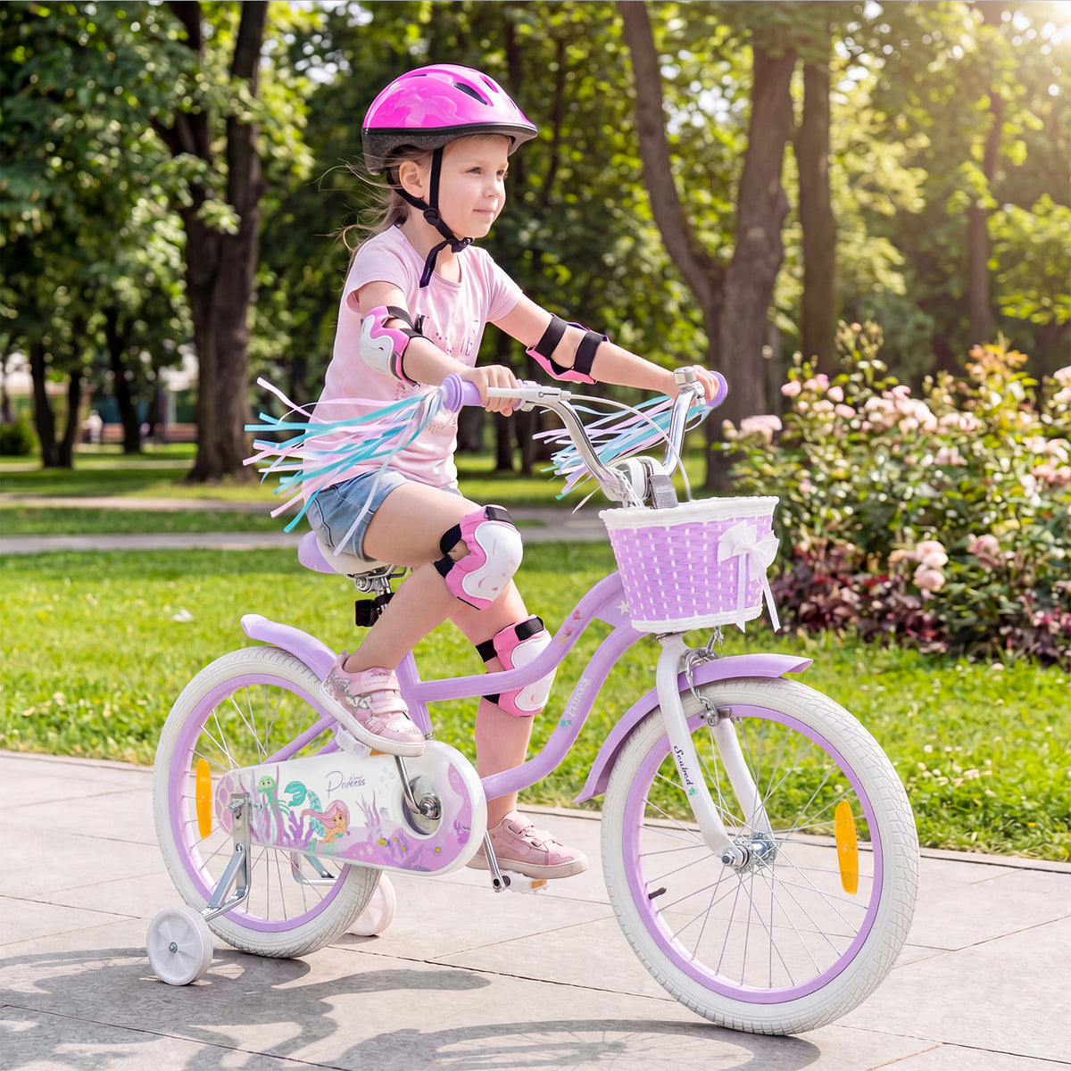 12" 14" 16" 18" Kids Bike, Mermaid Girls Bike w/ Training Wheels, Hand & Coaster Brakes, Adjustable Seat & Handlebar, Storage Basket & Streamers, Children Balance Bike for 3-8 Years Old Kids