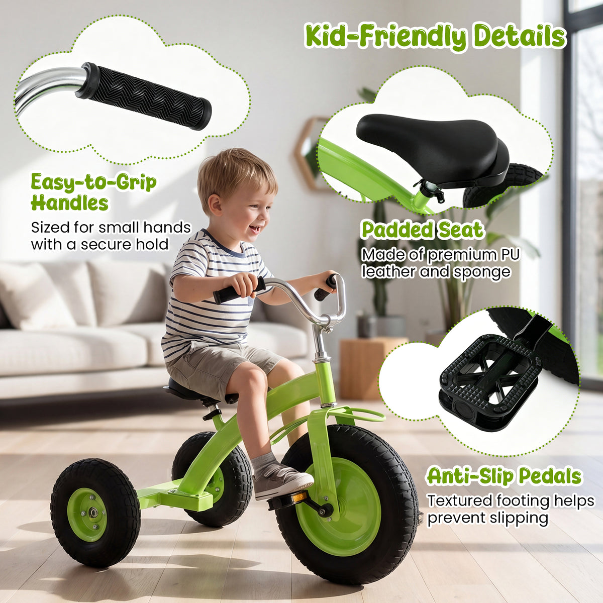 Kids Tricycle, Carbon Steel Toddler Bike Toys with 15 Inch Inflatable Rubber Tires, Adjustable Handlebar & Seat