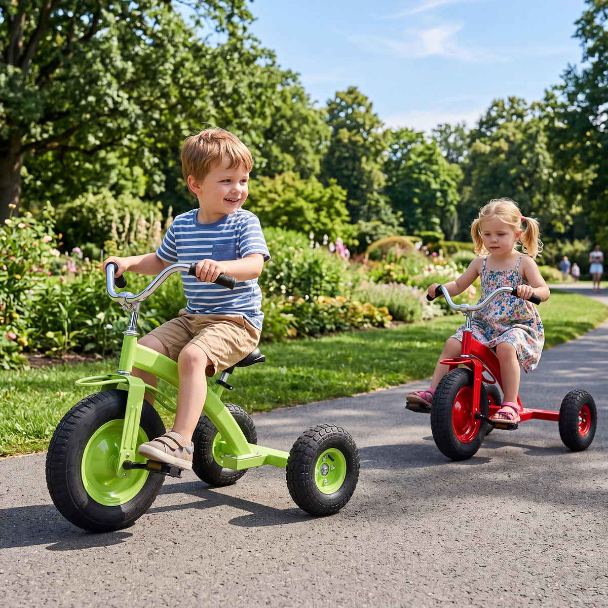 Kids Tricycle, Carbon Steel Toddler Bike Toys with 15 Inch Inflatable Rubber Tires, Adjustable Handlebar & Seat