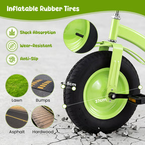 Kids Tricycle, Carbon Steel Toddler Bike Toys with 15 Inch Inflatable Rubber Tires, Adjustable Handlebar & Seat