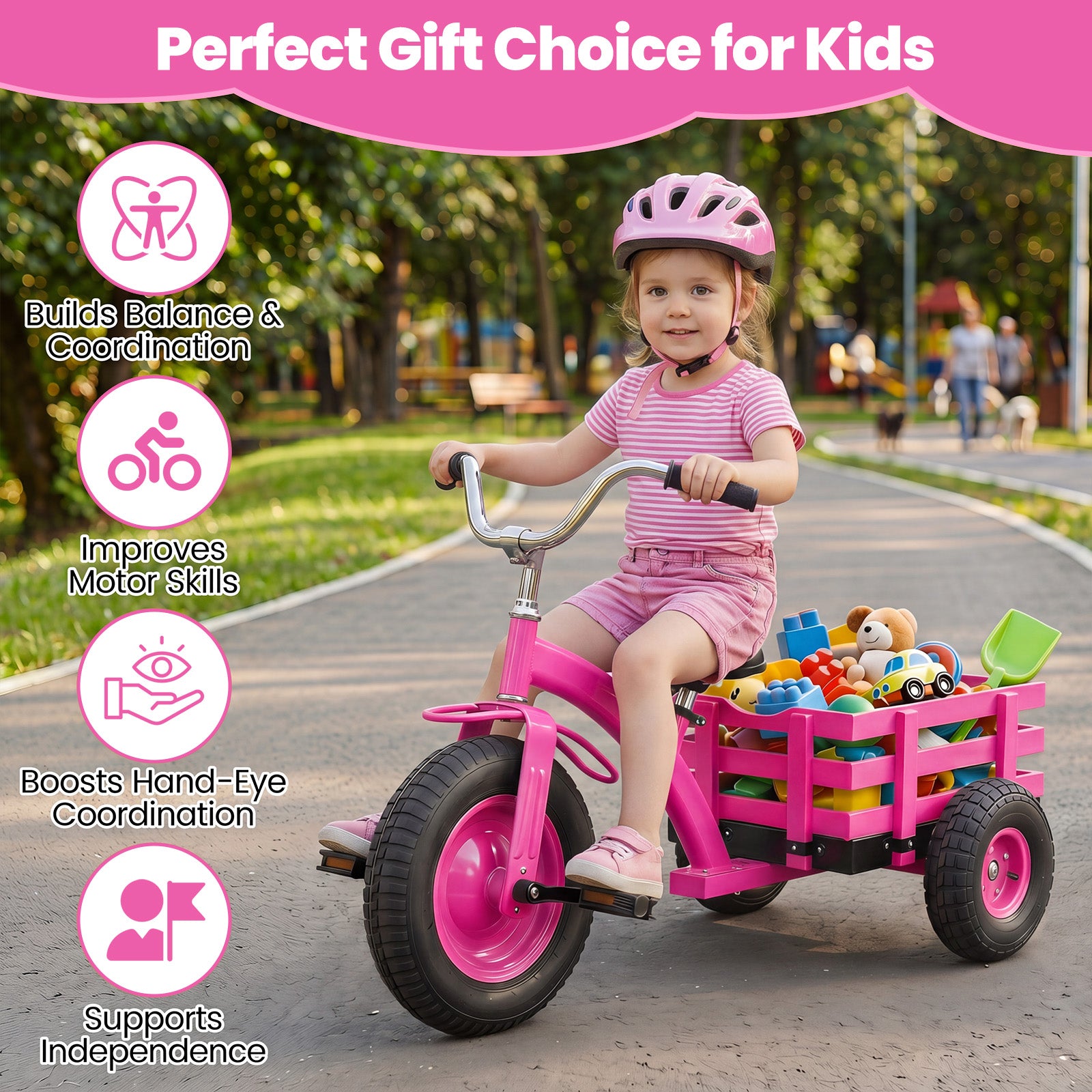 Kids Tricycle with Storage Basket, Carbon Steel Toddler Bike Toys with 15 Inch Inflatable Rubber Tires