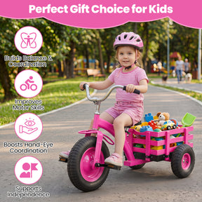 Kids Tricycle with Storage Basket, Carbon Steel Toddler Bike Toys with 15 Inch Inflatable Rubber Tires