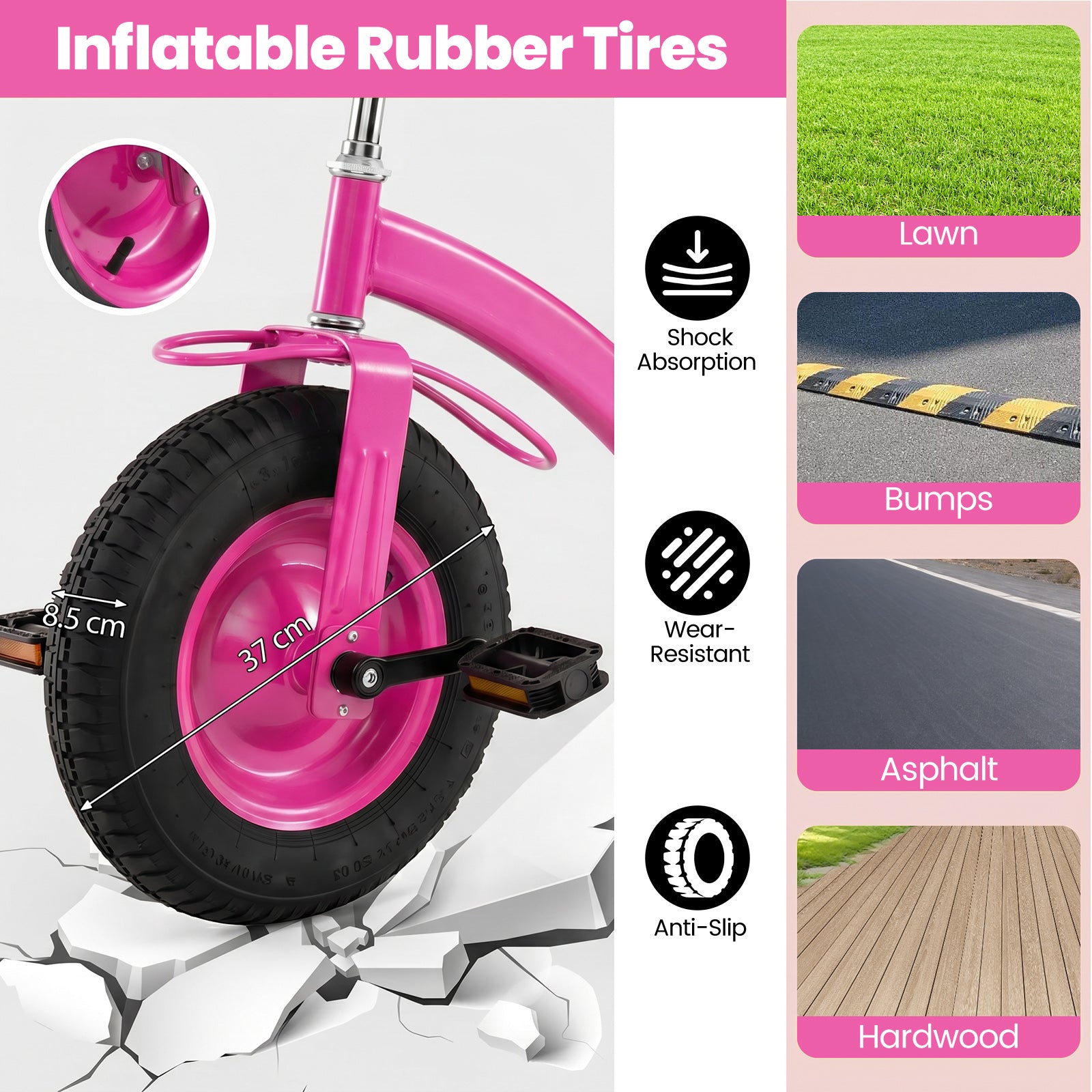 Kids Tricycle with Storage Basket, Carbon Steel Toddler Bike Toys with 15 Inch Inflatable Rubber Tires