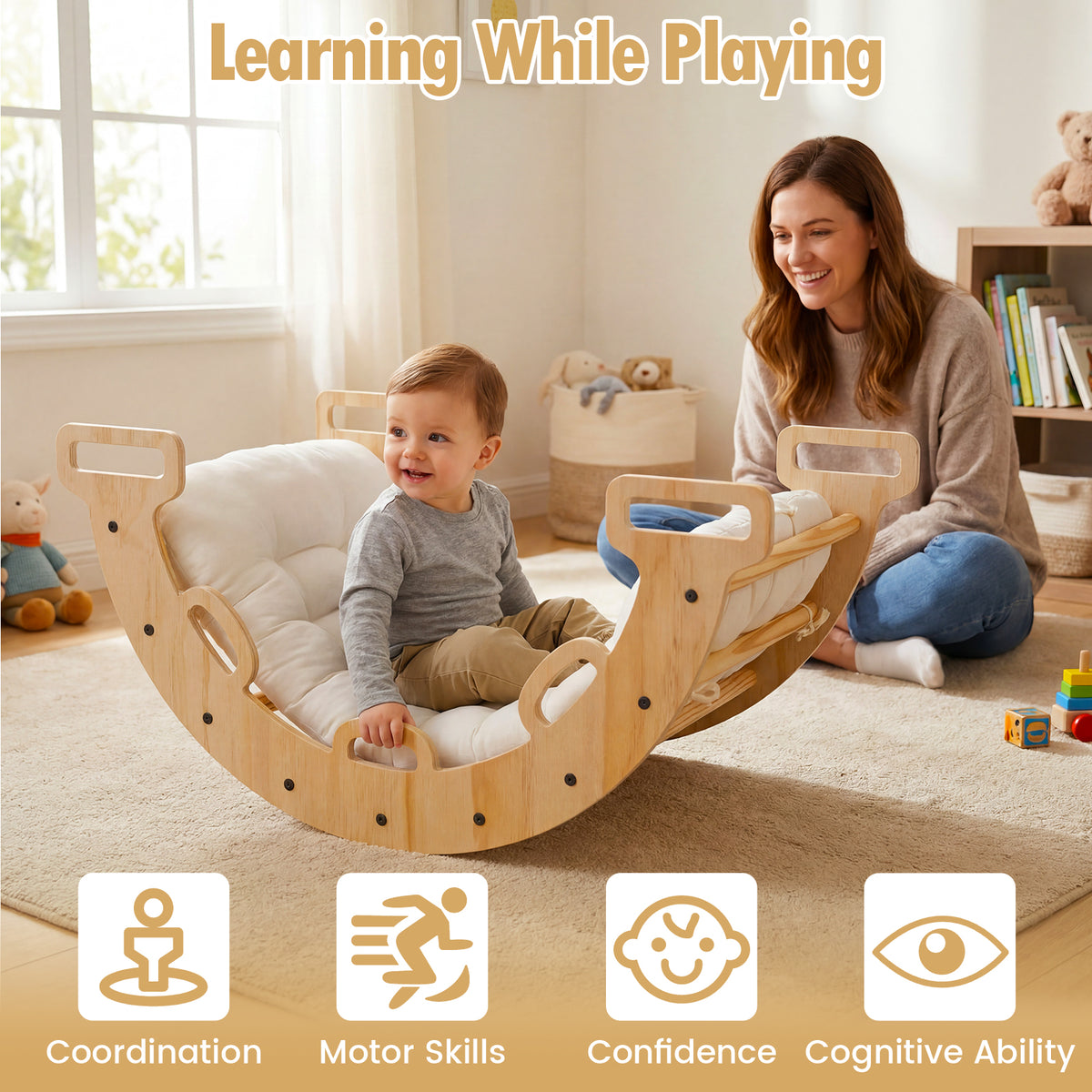 Wooden Rocking Climbing Arch with Cushion, 3-in-1 Montessori Kids Climber Rocker for Toddlers