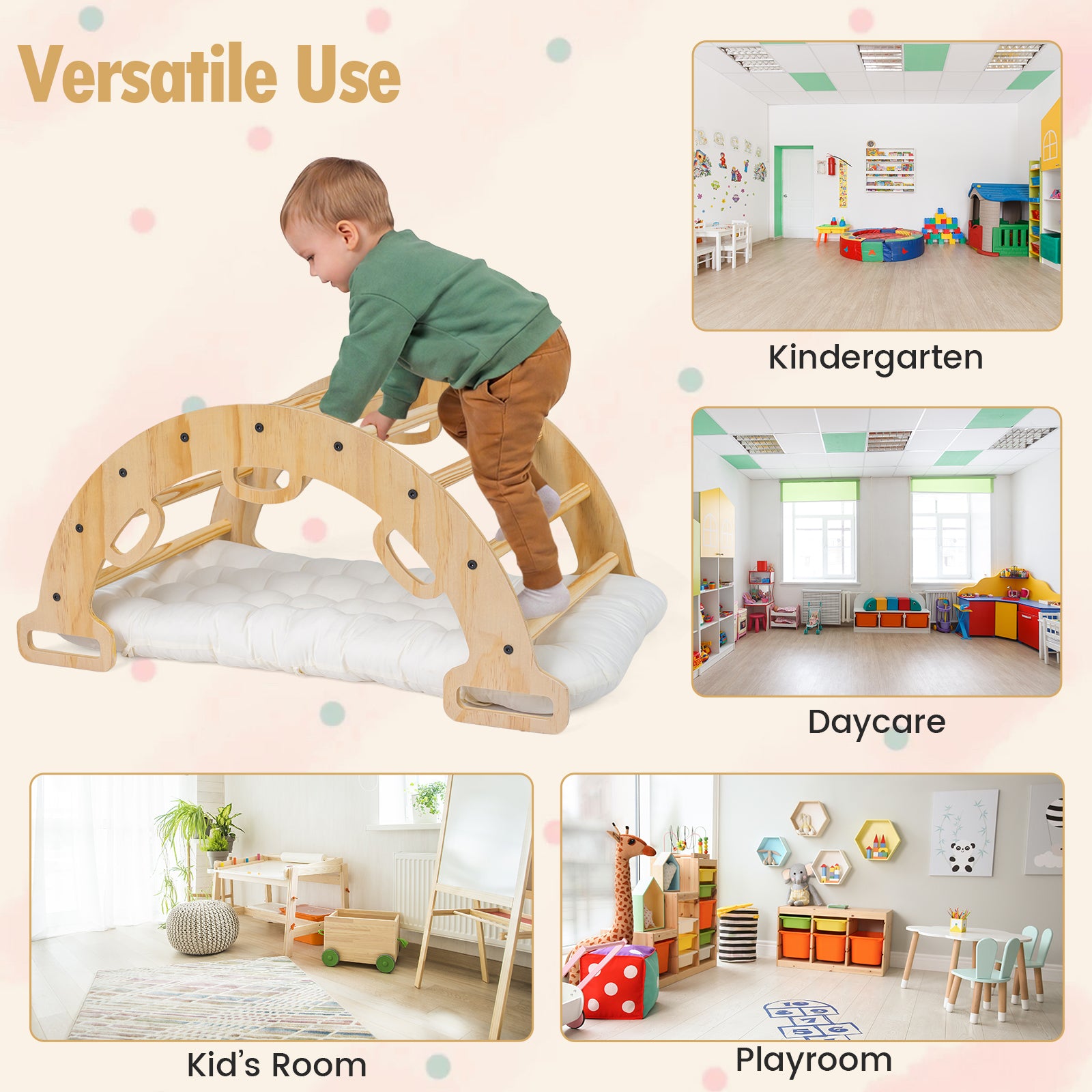 Wooden Rocking Climbing Arch with Cushion, 3-in-1 Montessori Kids Climber Rocker for Toddlers