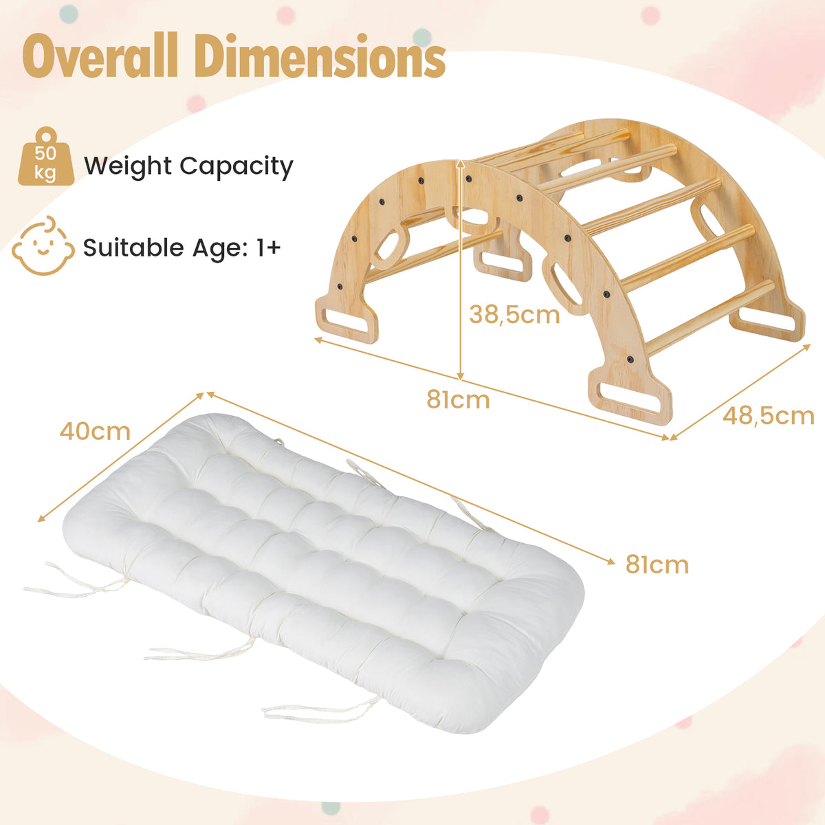 Wooden Rocking Climbing Arch with Cushion, 3-in-1 Montessori Kids Climber Rocker for Toddlers