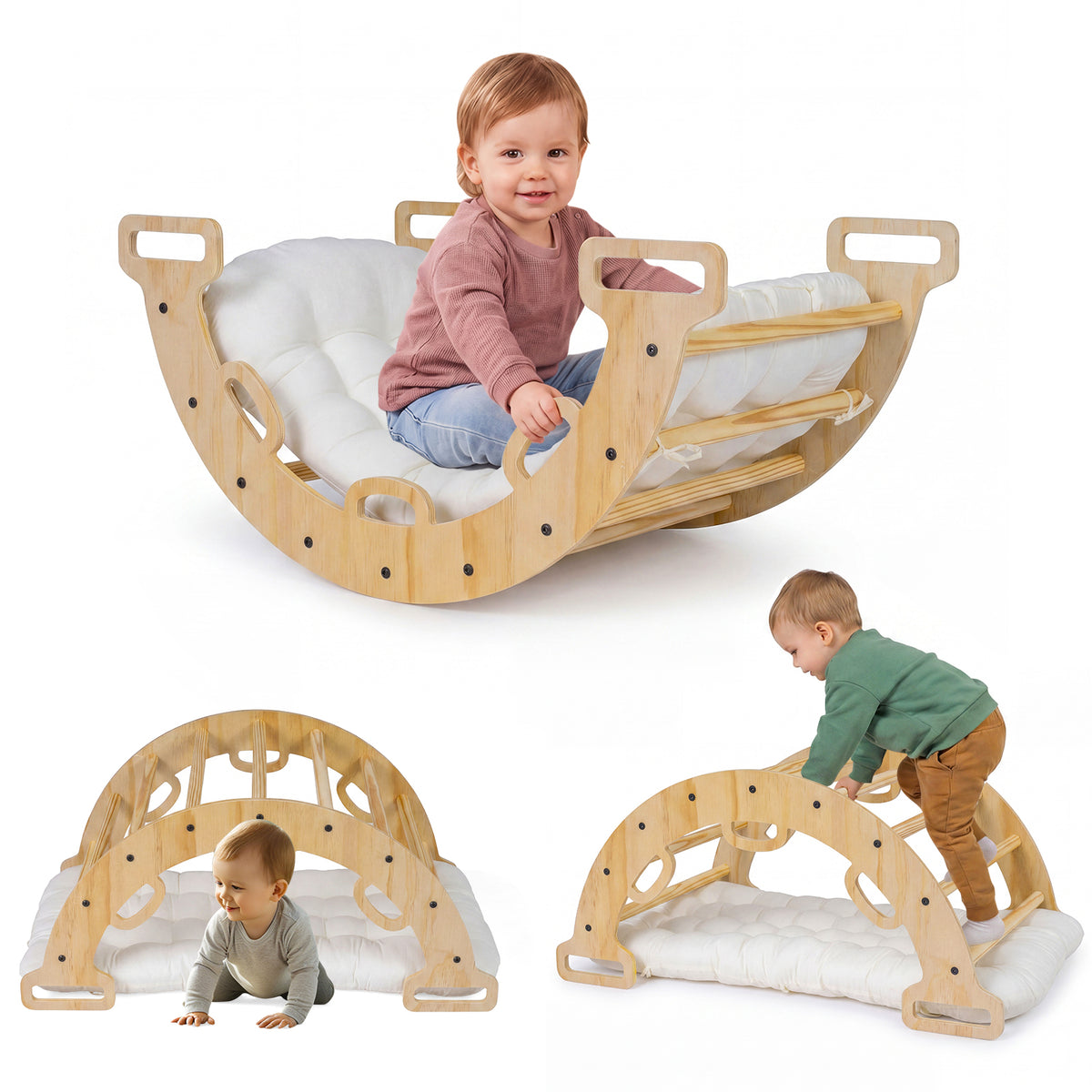 Wooden Rocking Climbing Arch with Cushion, 3-in-1 Montessori Kids Climber Rocker for Toddlers