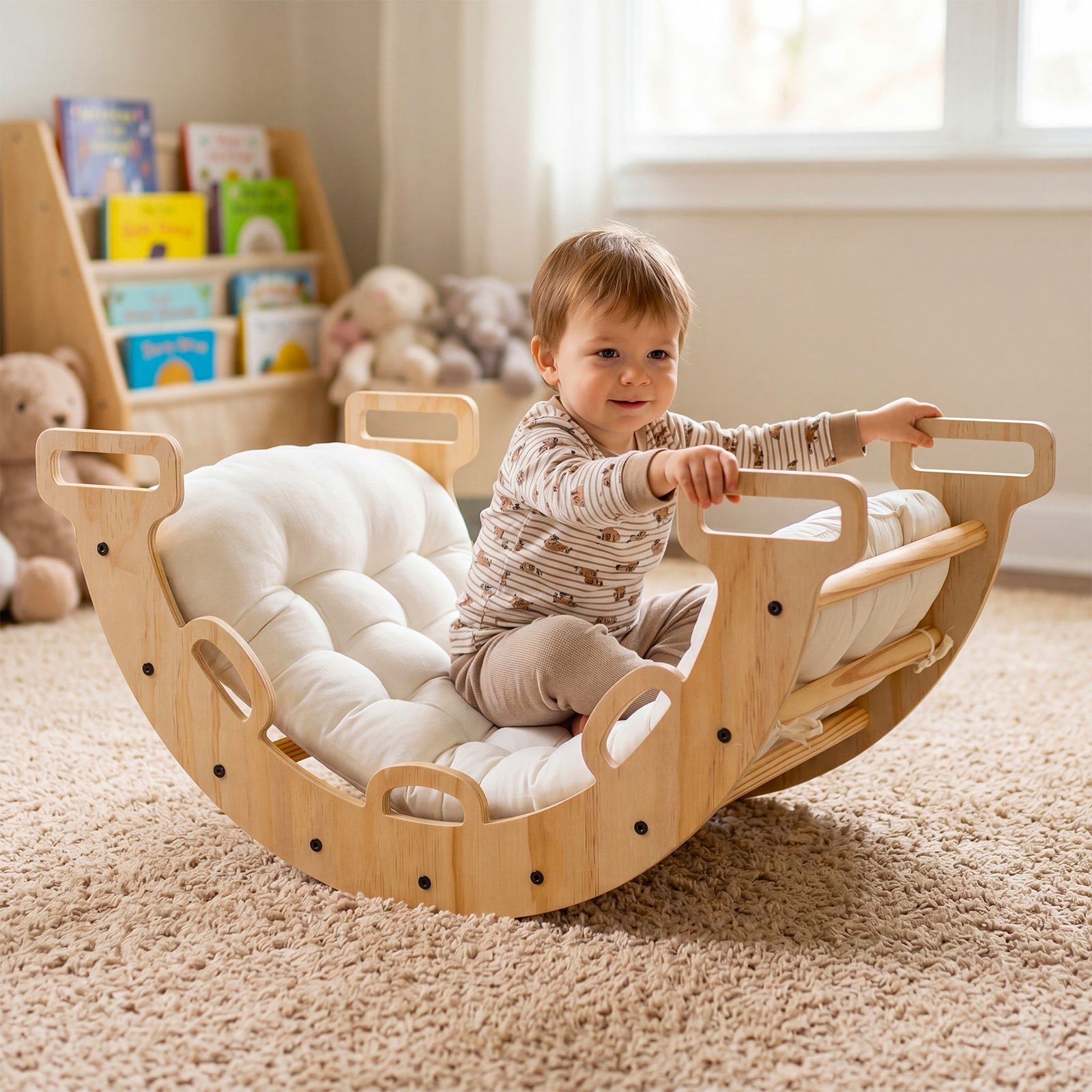 Wooden Rocking Climbing Arch with Cushion, 3-in-1 Montessori Kids Climber Rocker for Toddlers