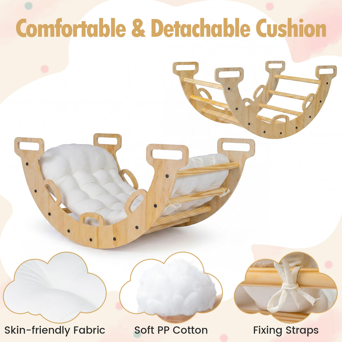 Wooden Rocking Climbing Arch with Cushion, 3-in-1 Montessori Kids Climber Rocker for Toddlers
