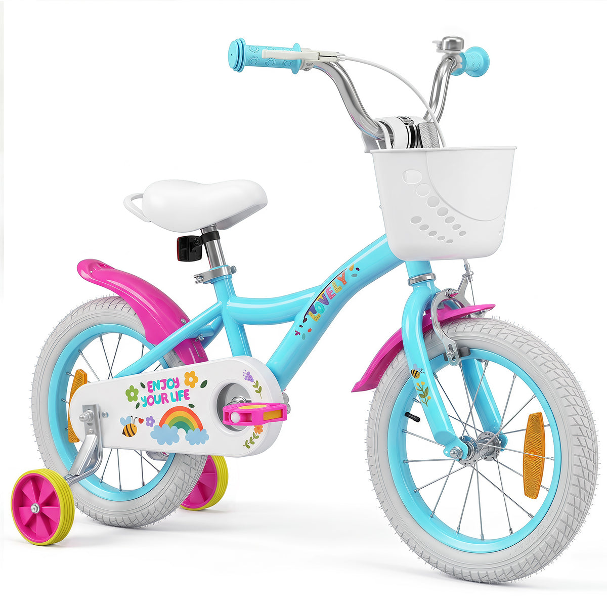 Kids Bike, 14-Inch Children Bicycle with Adjustable Handlebar & Saddle, Removable Basket, Bell, Handbrake, Rear Coaster Brake, Safe Reflectors, Toddler Bike for 3-5 Years Old
